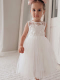 Embroidered bodice girls white tea length dress for Communion