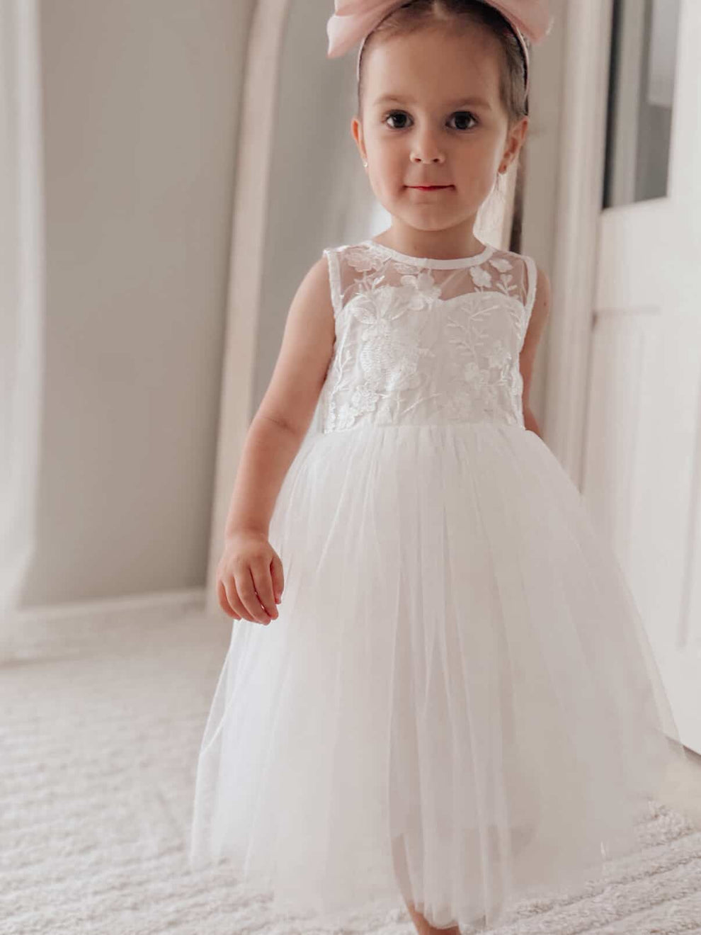 Embroidered bodice girls white tea length dress for Communion