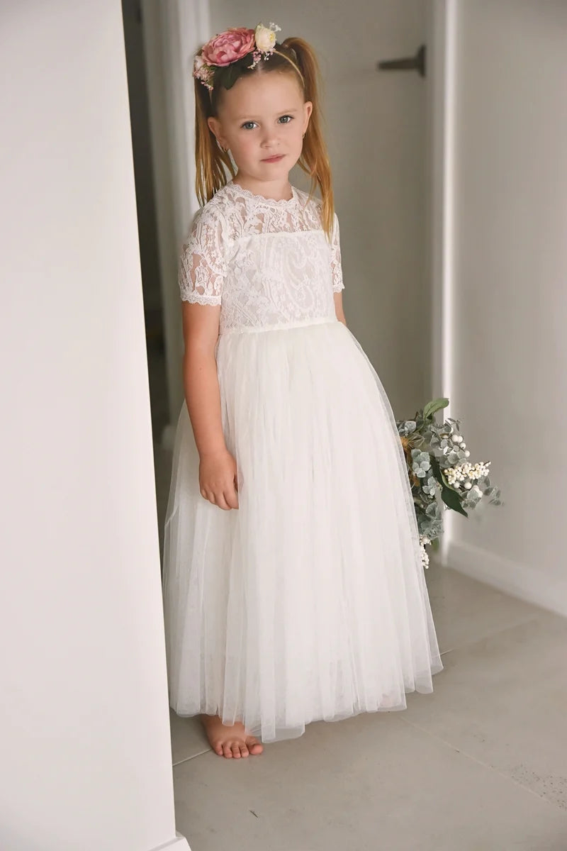 Annalise Girls White Short Sleeve Dress A Little Lacey
