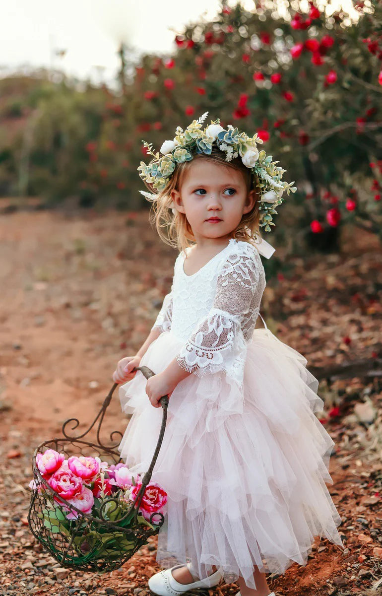 Aurora Grace Dress With Sleeves - White & Peach - Flower Girl Dresses