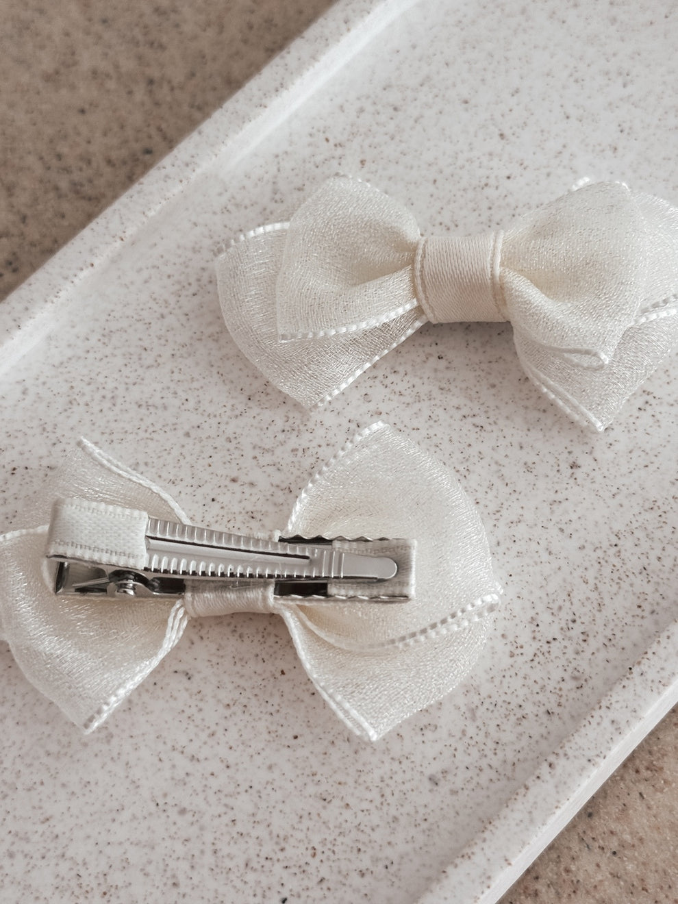 Ivory tulle pigtail bows with sparkle – set of 2