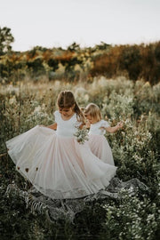 Celeste Girls Dress - White & Peach - A Little Lacey