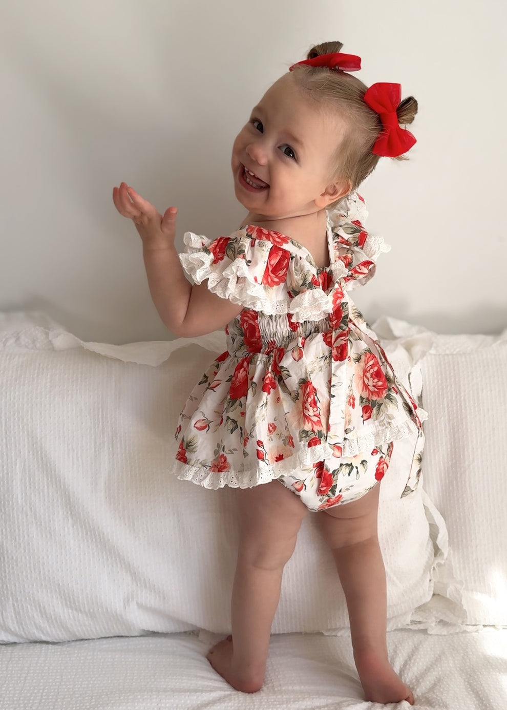 Olive baby girls floral Christmas romper with frills