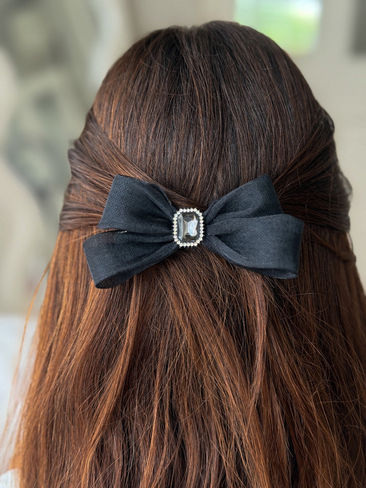 Midnight black satin-look bow hair clip for girls