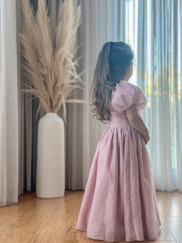 Lucy Girls Puff Sleeve Dress - Dusty Pink