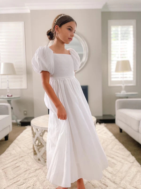 Lucy Girls Puff Sleeve White Dress - Flower Girl Dresses