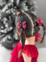 Mini Burgundy Christmas Girls Pigtail Bows - A Little Lacey