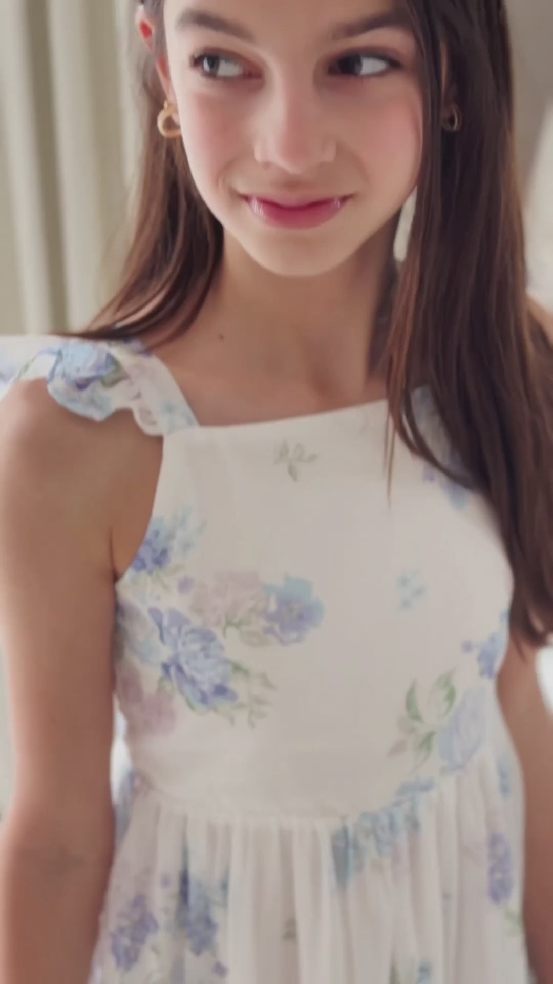 Girls blue floral dress with soft ruffled shoulder straps