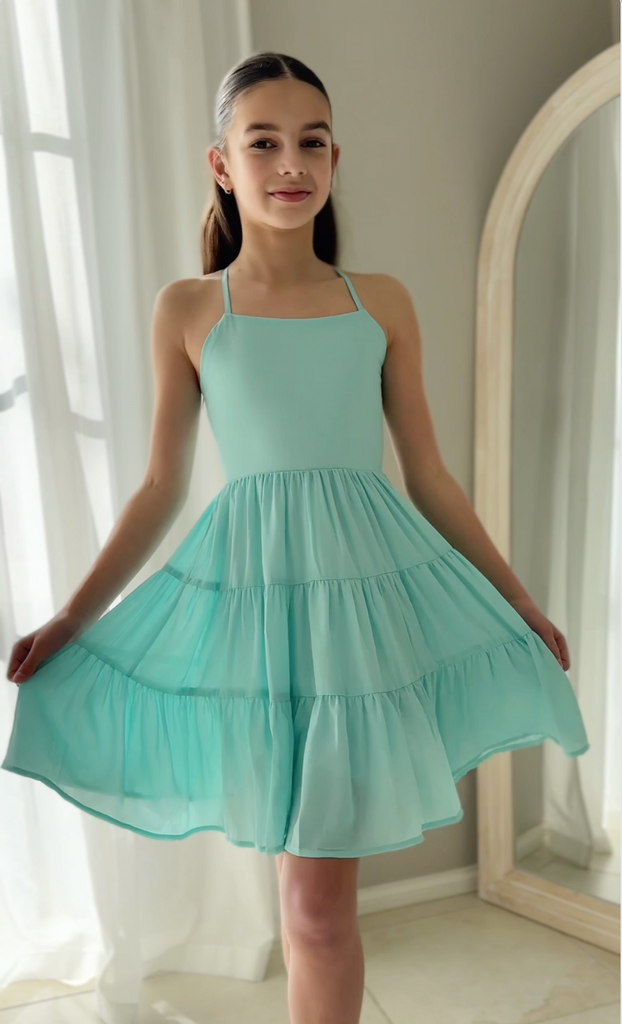 Turquoise girls year 6 graduation dress - layered skirt and tie-up back
