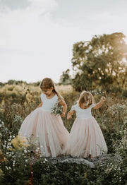 Celeste Girls Dress - White & Peach - A Little Lacey