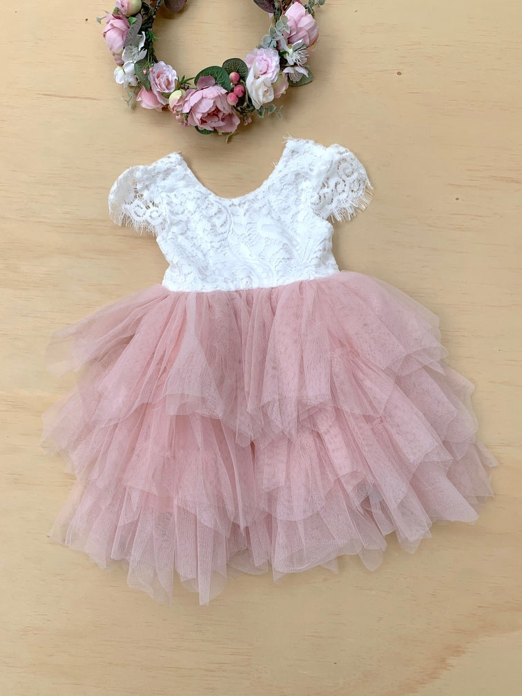 Felicity Capped Sleeve White and Pink Girls Dress - Not on sale