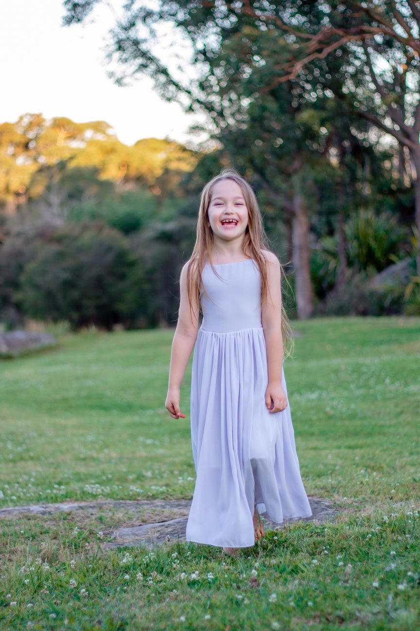 Full-length view of Sofia Girls Dusty Blue Dress with flowing chiffon skirt