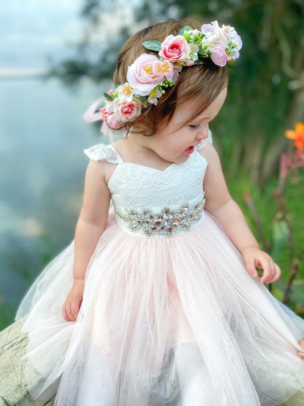 Zara White and Peach Girls Lace Dress - Baby Dresses