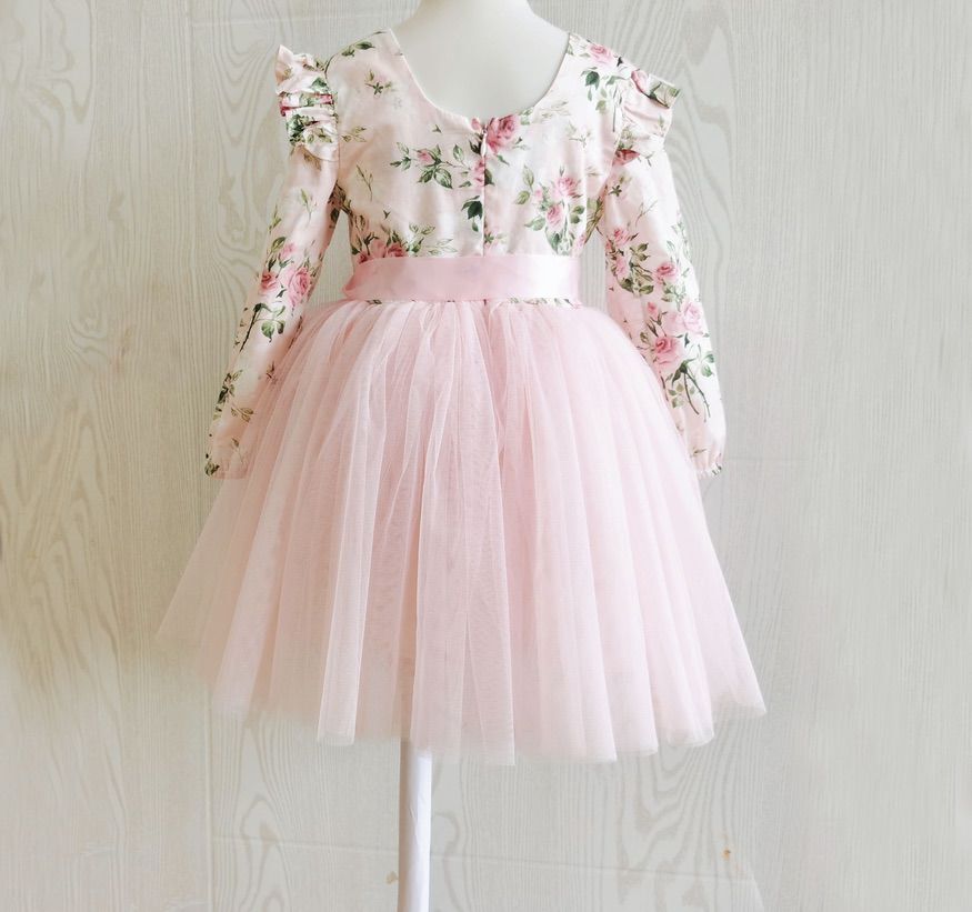 Back view of girls floral long sleeve party dress with satin sash and zip – Audrey Rose Winter Dress