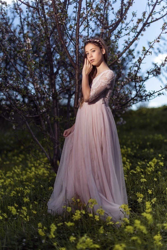 ALine VNeck Lace Peach Pink Bridesmaid Dress  Dreamdressy