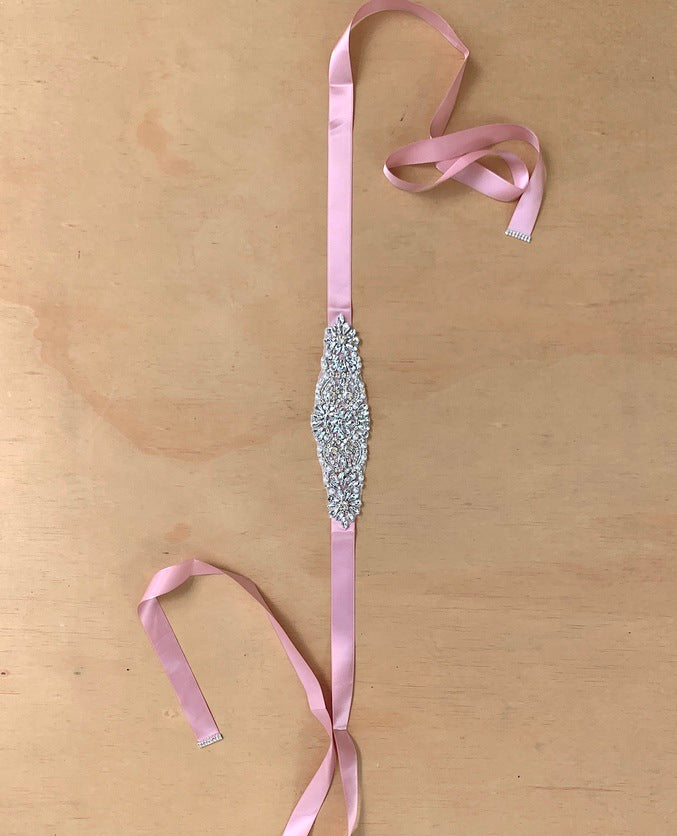 Girls Diamante Sash Belt - Dusty Pink - Silver Diamantes