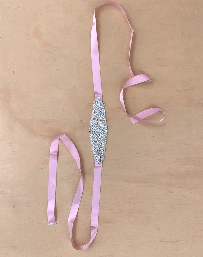 Girls Diamante Sash Belt - Dusty Pink - Silver Diamantes - Faire Sashes Aug 23