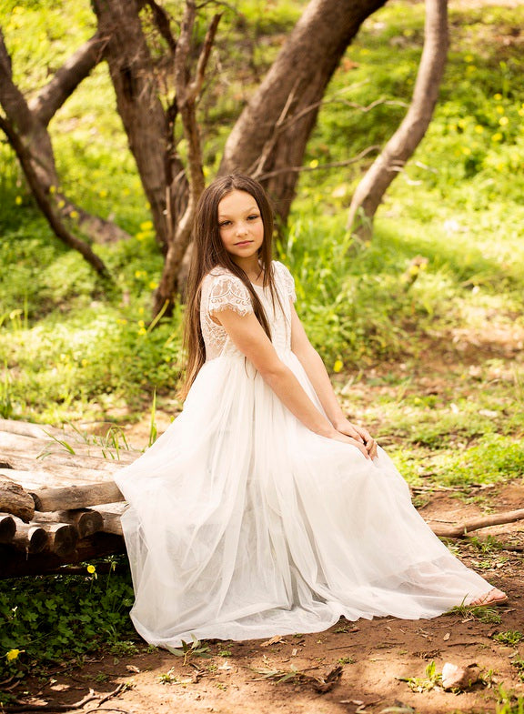 Celeste Girls White Lace & Tulle Dress - Flower Girl DressesWhite first communion dress - sitting