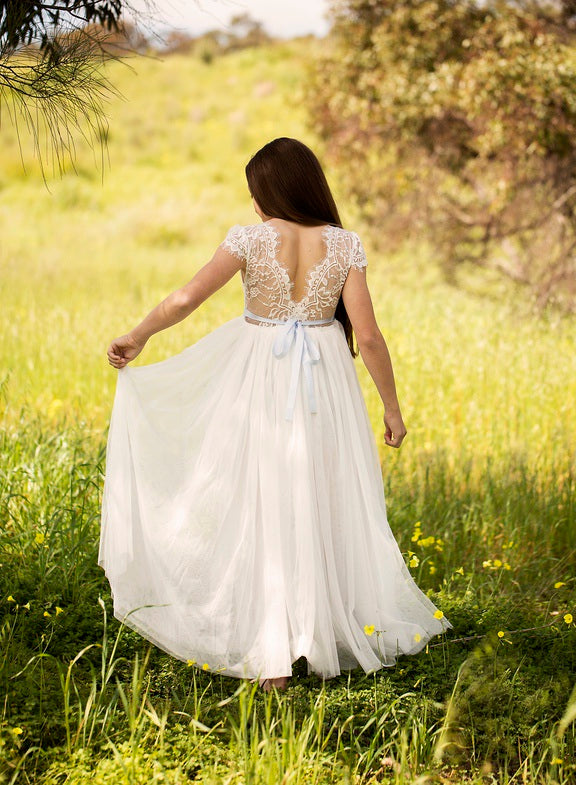 Celeste Girls White Lace & Tulle Dress - Shop AllWhite first communion dress - back