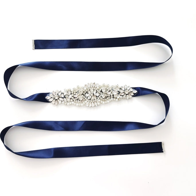 Girls Diamante Sash Belt - Navy Blue - All Accessories
