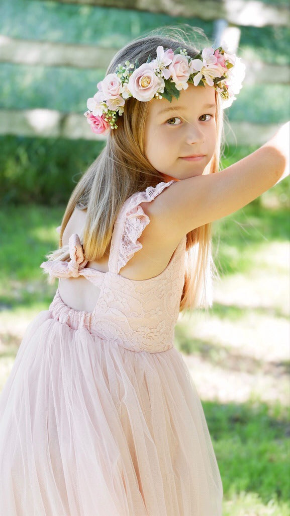Ella Rose Girls Dusty Pink Tie-Back Dress - Tween Girls DressesClose-up of dusty pink lace bodice and ruffle shoulders