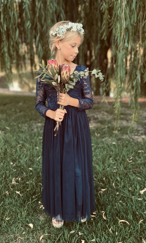 Juliette Navy Blue Lace Dress - Full Length - Flower Girl Dresses