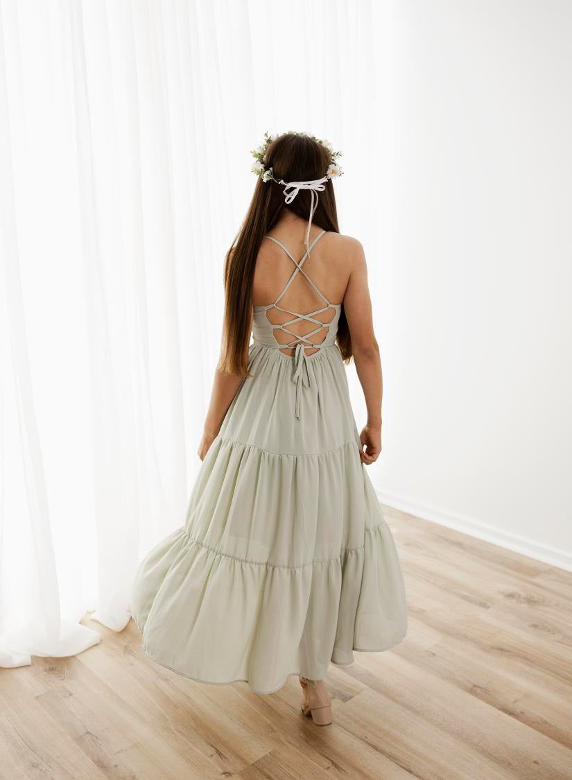 Clara Chiffon Girls Maxi Dress Sage Green A Little Lacey Clara Chiffon Girls Maxi Dress Sage Green A Little Lacey